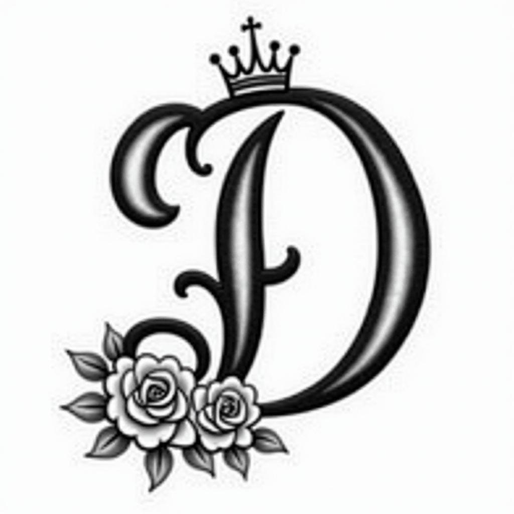 The letter D with a crown on itin elegant cursive calligraphy style 2d tattoo, decorate with roses, featuring a smooth and flowing handwritten script with slightly thickened strokes for a luxurious and bold appearance,  heart symbol between names,  sleek and glossy black text with shadowing, minimalist matte white background, clean and sharp edges, illuminated with soft lighting, romantic, 8k, high-quality textures with refined typography