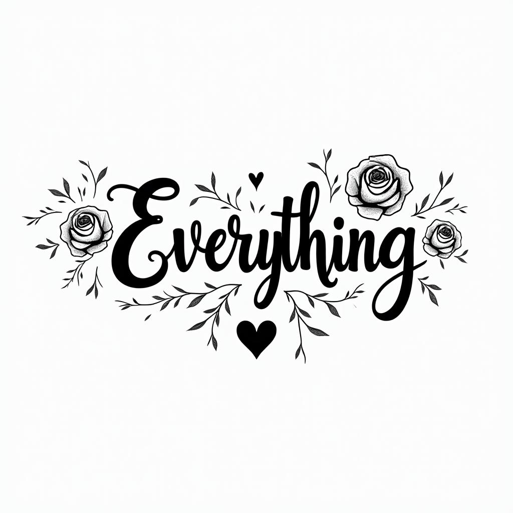Text Everything IS possiblein elegant cursive calligraphy style 2d tattoo, decorate with roses, featuring a smooth and flowing handwritten script with slightly thickened strokes for a luxurious and bold appearance, heart symbol between names, sleek and glossy black text with shadowing, minimalist matte white background, clean and sharp edges, illuminated with soft lighting, romantic, 8k, high-quality textures with refined typography - Variation 2