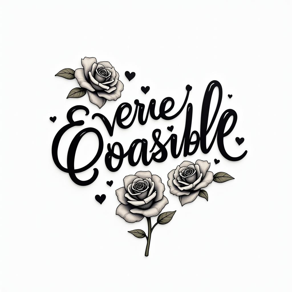 Text Everything IS possiblein elegant cursive calligraphy style 2d tattoo, decorate with roses, featuring a smooth and flowing handwritten script with slightly thickened strokes for a luxurious and bold appearance,  heart symbol between names,  sleek and glossy black text with shadowing, minimalist matte white background, clean and sharp edges, illuminated with soft lighting, romantic, 8k, high-quality textures with refined typography