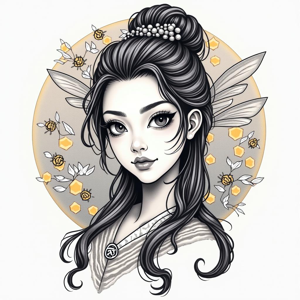 Name SARA with honeybee backgroundin japanese style tattoo, detailed tattoo, traditional japanese culture tattoo, mythology, 8k - Variation 3