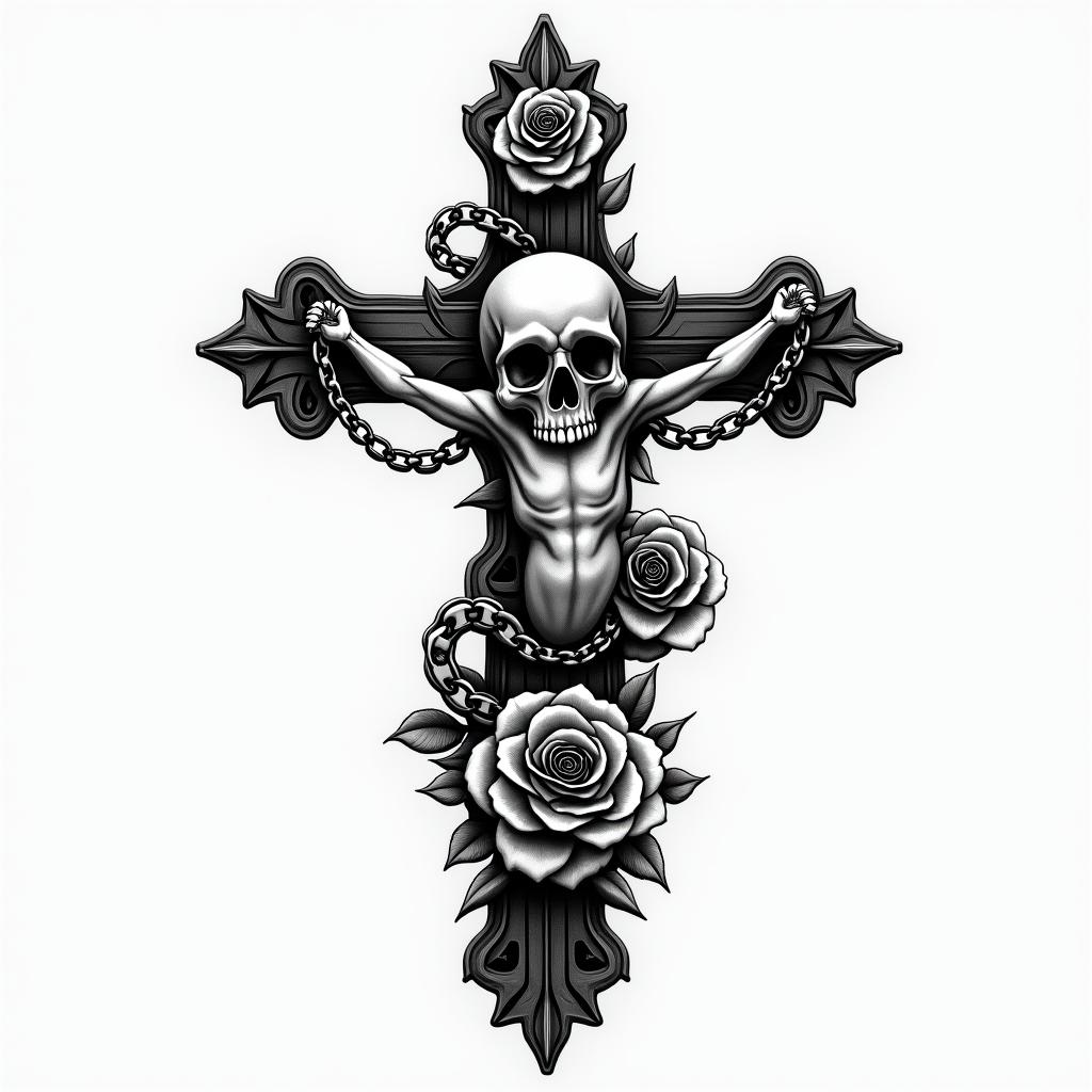 Christian symbolsin chicano style tattoo, featuring intricate black and grey shading, bold elements of traditional chicano culture symbols, add a big cross with skull, chains and roses - Variation 2