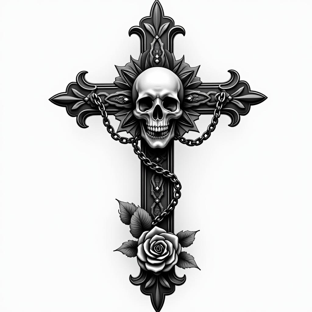 Christian symbolsin chicano style tattoo, featuring intricate black and grey shading, bold elements of traditional chicano culture symbols, add a big cross with skull, chains and roses