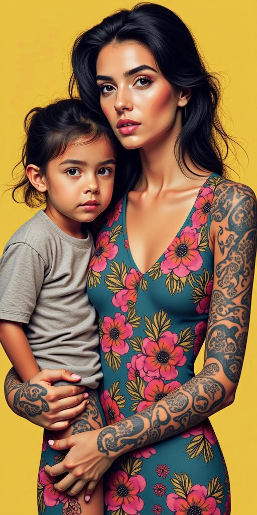 Woman and 3 childrenin pop art style tattoo, featuring bold and vibrant colors, exaggerated outlines, iconic imagery, inspired by comic books and speech bubbles, comic book characters, retro pop culture - Variation 3