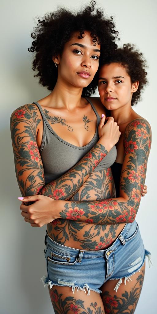 Woman and 3 childrenin pop art style tattoo, featuring bold and vibrant colors, exaggerated outlines, iconic imagery, inspired by comic books and speech bubbles, comic book characters, retro pop culture