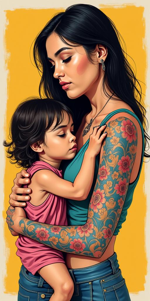 Woman and 3 childrenin pop art style tattoo, featuring bold and vibrant colors, exaggerated outlines, iconic imagery, inspired by comic books and speech bubbles, comic book characters, retro pop culture - Variation 2