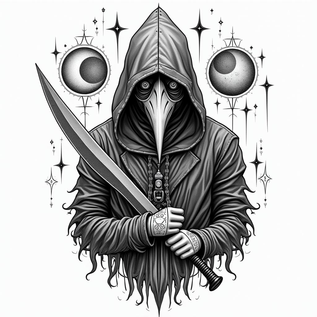 Midevil bird style gas mask guy holding reeper bladein prophecy tattoo style, featuring mystical symbols, celestial imagery like stars, moons, suns, geometric patterns, foretelling elements, an eye of wisdom - Variation 3