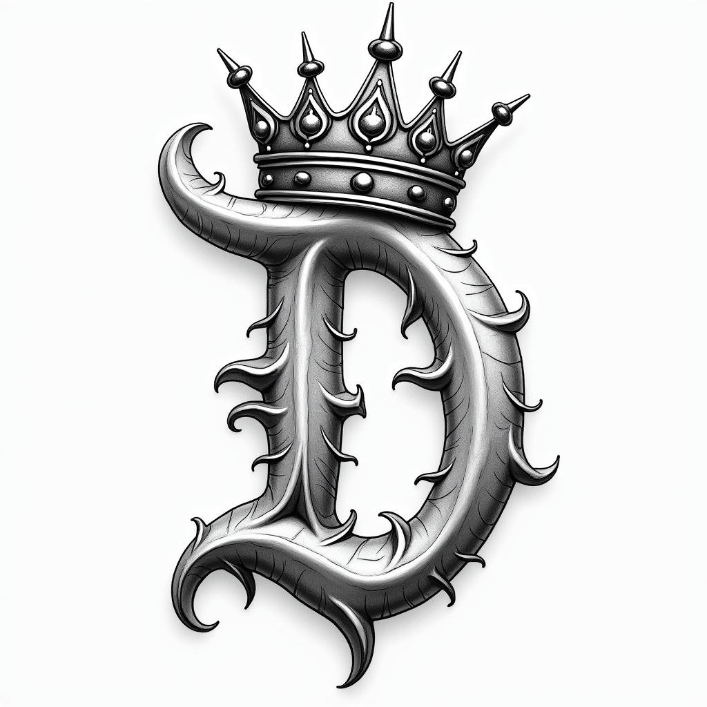 The letter D with a crown on ithigly detailed tattoo - Variation 4