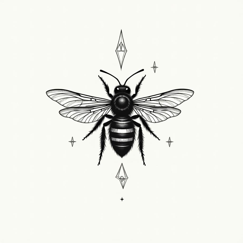 Name SARA with honeybee backgroundin minimalist style tattoo, featuring simple shapes and fine lines, with minimal shading and details, tiny triangles, creating a sense of balance and harmony