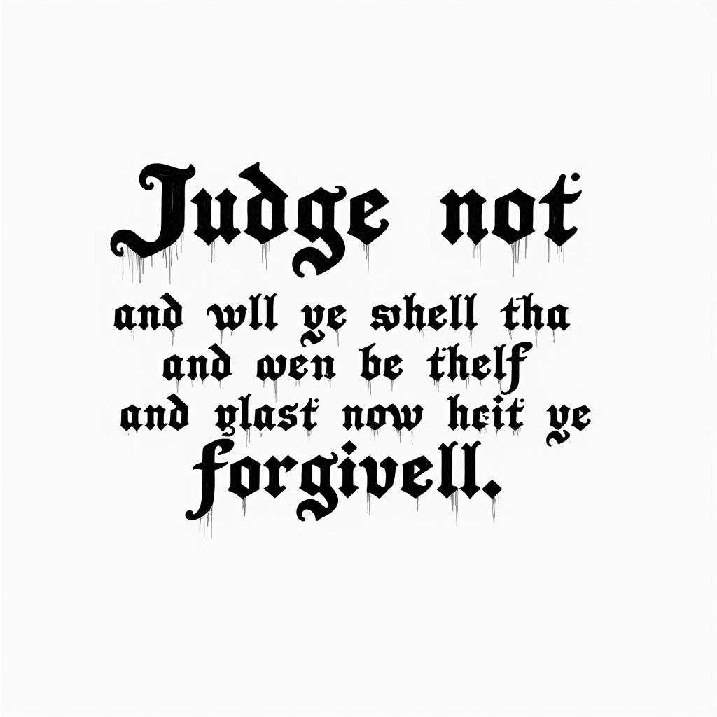 Luke 6:37 - 
Judge not, and ye shall not be judged: condemn not, and ye shall not be condemned: forgive, and ye shall be forgiven:text-based tattoo, gothic font ultra-realistic, perfectly placed, high-quality font design, photo-realistic shading, 8k, high quality, finely detailed typography - Variation 3