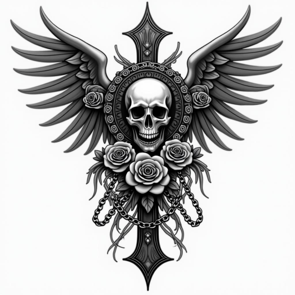 Angel of deathin chicano style tattoo, featuring intricate black and grey shading, bold elements of traditional chicano culture symbols, add a big cross with skull, chains and roses - Variation 3