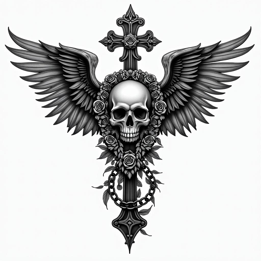 Angel of deathin chicano style tattoo, featuring intricate black and grey shading, bold elements of traditional chicano culture symbols, add a big cross with skull, chains and roses