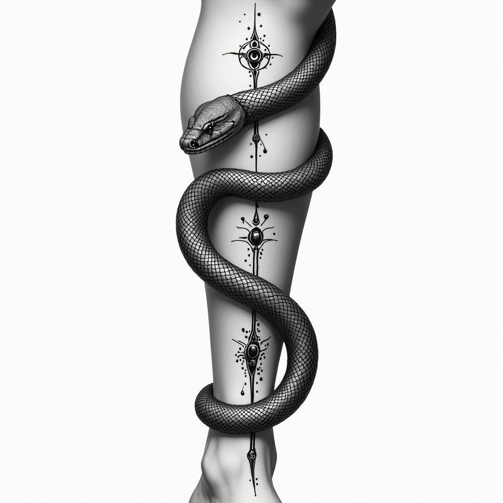 Snake biting and drawing blood wrapped around legin spiritual symbols tattoo style, featuring an intricate design incorporating elements, Hamsa hand, third eye, minimalist composition
