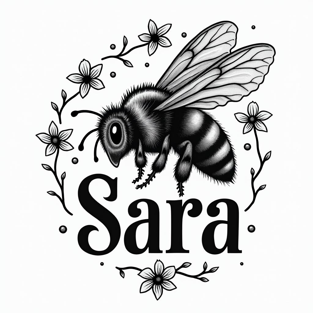 Name SARA with honeybee backgroundin authentic tattoo style, incorporating traditional modifications, bold black outlines, solid color fills, featuring classic authentic elements