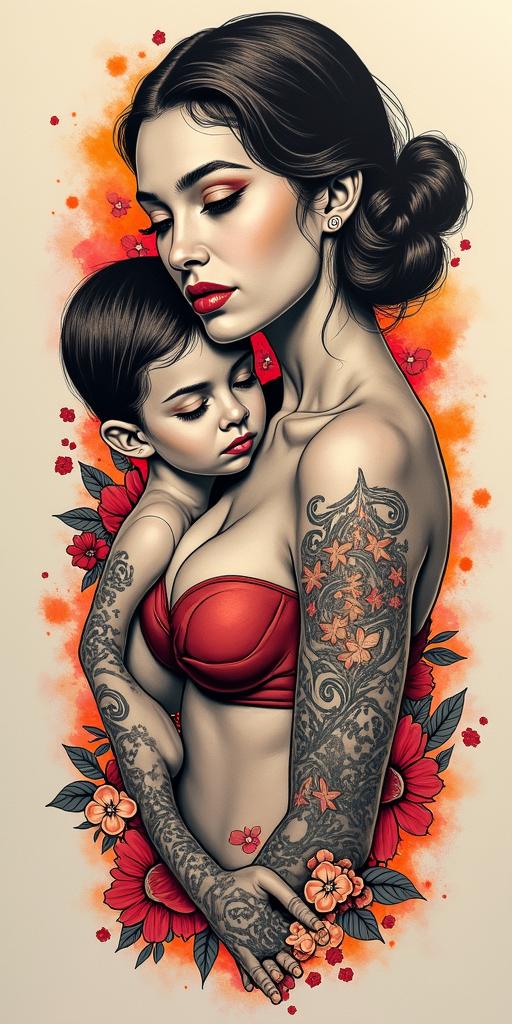 Woman and childrenin pop art style tattoo, featuring bold and vibrant colors, exaggerated outlines, iconic imagery, inspired by comic books and speech bubbles, comic book characters, retro pop culture - Variation 2