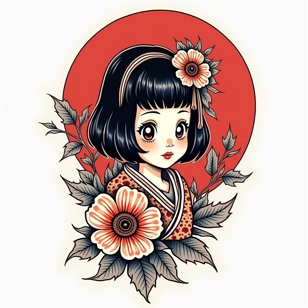 Japanese tattoo in anime stylein pop art style tattoo, featuring bold and vibrant colors, exaggerated outlines, iconic imagery, inspired by comic books and speech bubbles, comic book characters, retro pop culture - Variation 2