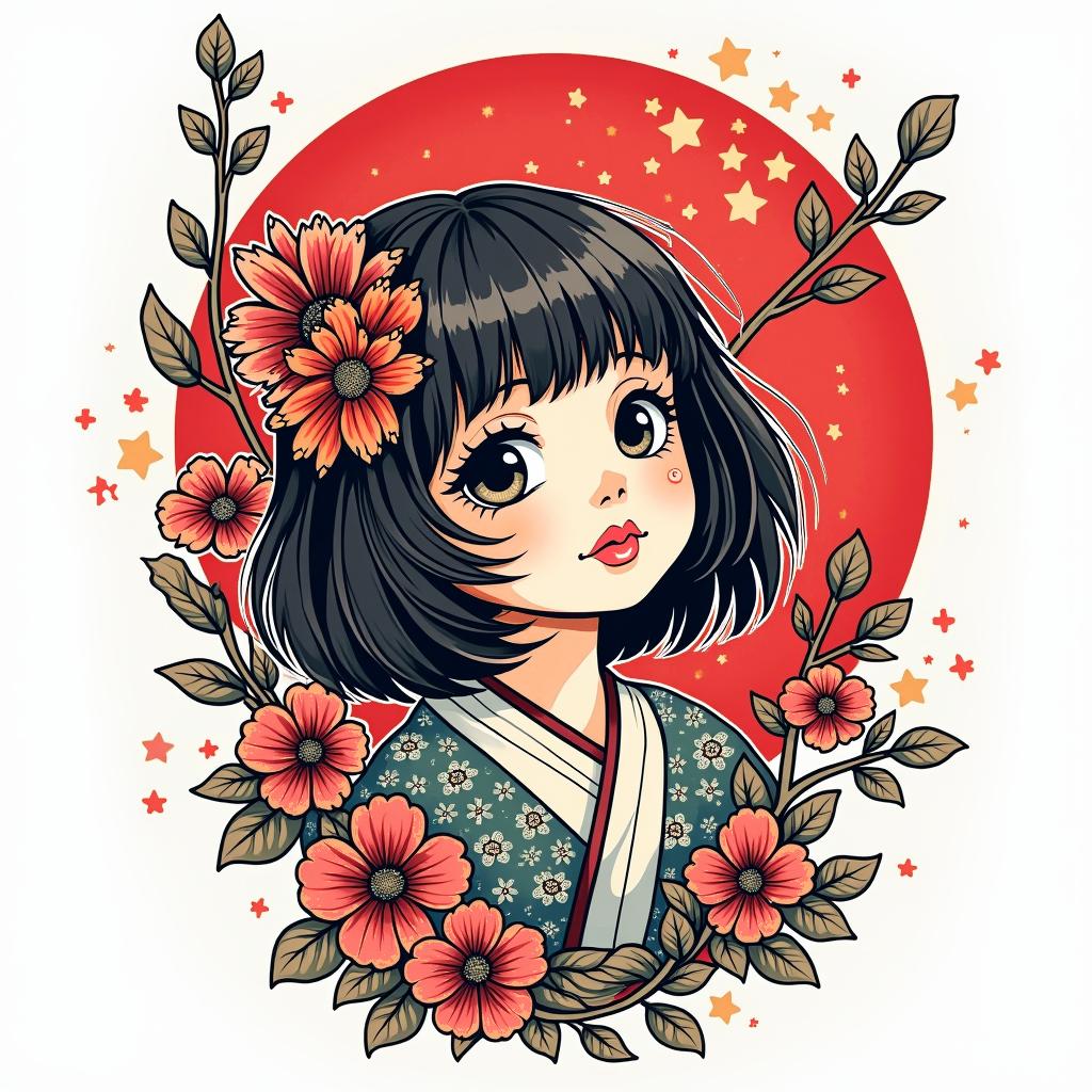 Japanese tattoo in anime stylein pop art style tattoo, featuring bold and vibrant colors, exaggerated outlines, iconic imagery, inspired by comic books and speech bubbles, comic book characters, retro pop culture - Variation 4