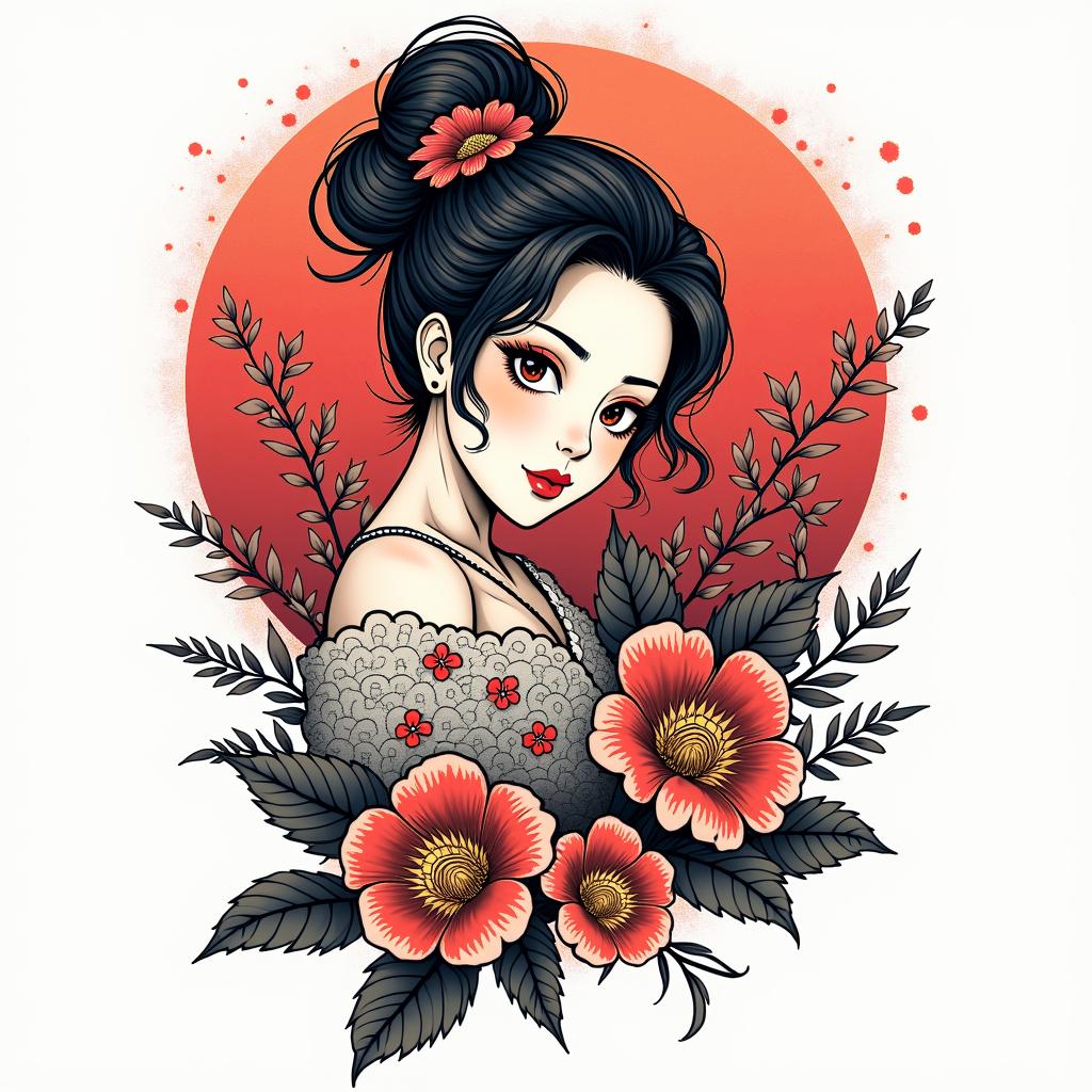 Japanese tattoo in anime stylein pop art style tattoo, featuring bold and vibrant colors, exaggerated outlines, iconic imagery, inspired by comic books and speech bubbles, comic book characters, retro pop culture