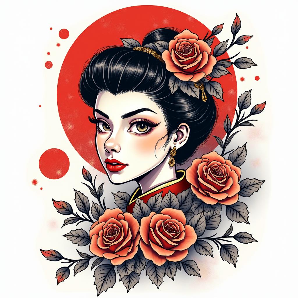 Japanese tattoo in anime stylein pop art style tattoo, featuring bold and vibrant colors, exaggerated outlines, iconic imagery, inspired by comic books and speech bubbles, comic book characters, retro pop culture - Variation 3