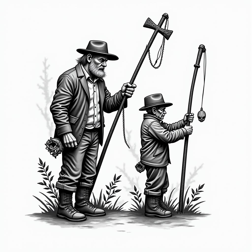 Father and son fishing fishing polesin chicano style tattoo, featuring intricate black and grey shading, bold elements of traditional chicano culture symbols, add a big cross with skull, chains and roses