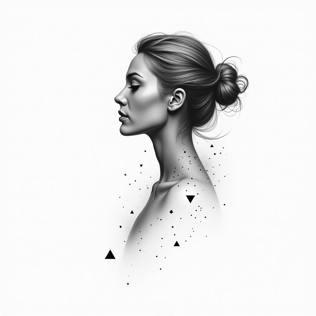 Silhouette of a womanin minimalist style tattoo, featuring simple shapes and fine lines, with minimal shading and details, tiny triangles, creating a sense of balance and harmony - Variation 4