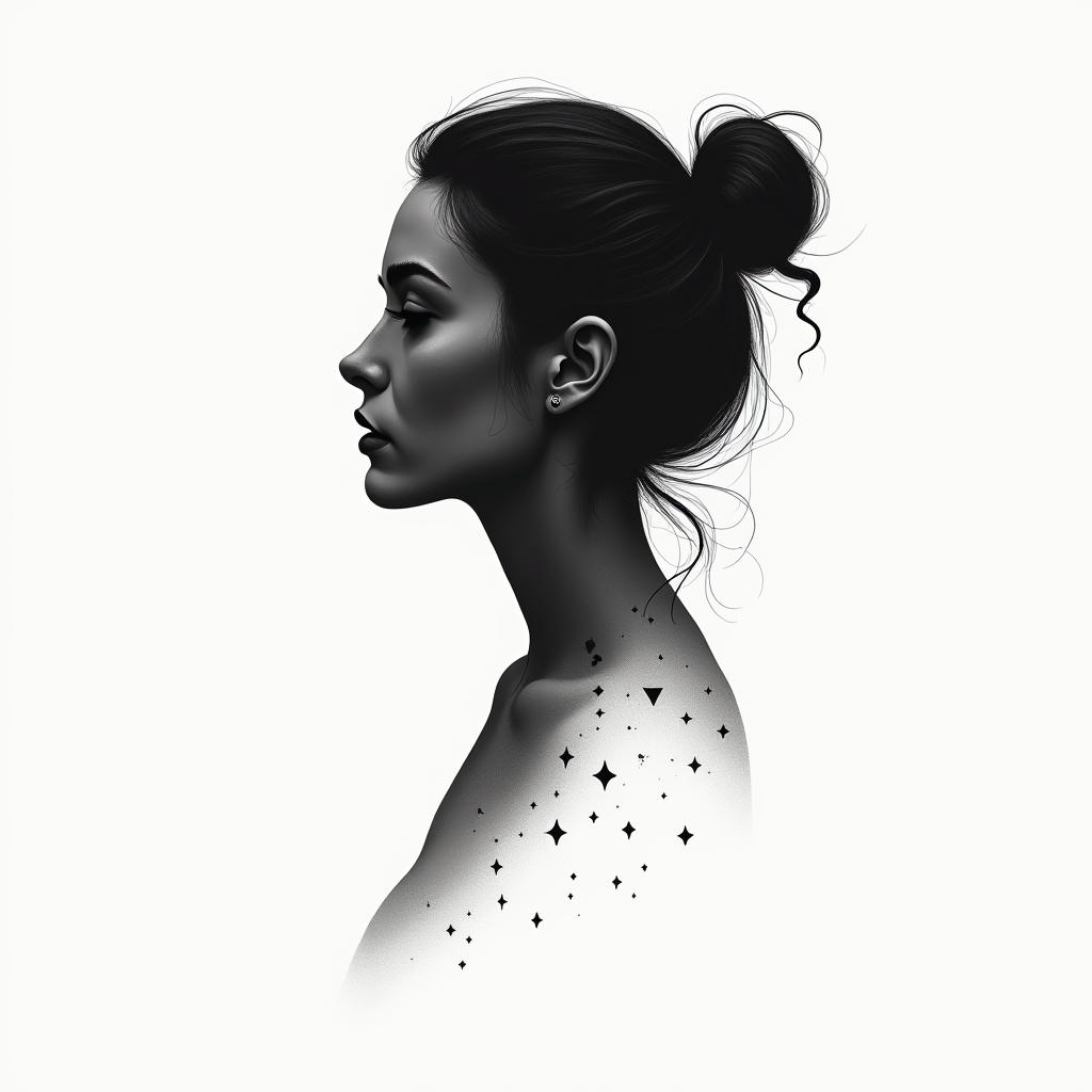 Silhouette of a womanin minimalist style tattoo, featuring simple shapes and fine lines, with minimal shading and details, tiny triangles, creating a sense of balance and harmony - Variation 3