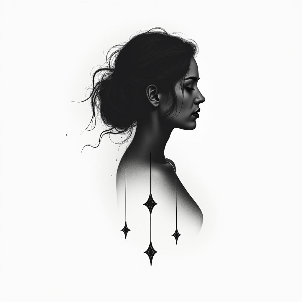 Silhouette of a womanin minimalist style tattoo, featuring simple shapes and fine lines, with minimal shading and details, tiny triangles, creating a sense of balance and harmony