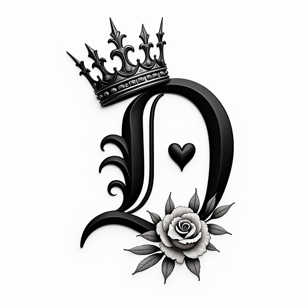The letter D in fancy cursive with a king crownin elegant cursive calligraphy style 2d tattoo, decorate with roses, featuring a smooth and flowing handwritten script with slightly thickened strokes for a luxurious and bold appearance,  heart symbol between names,  sleek and glossy black text with shadowing, minimalist matte white background, clean and sharp edges, illuminated with soft lighting, romantic, 8k, high-quality textures with refined typography - Variation 8
