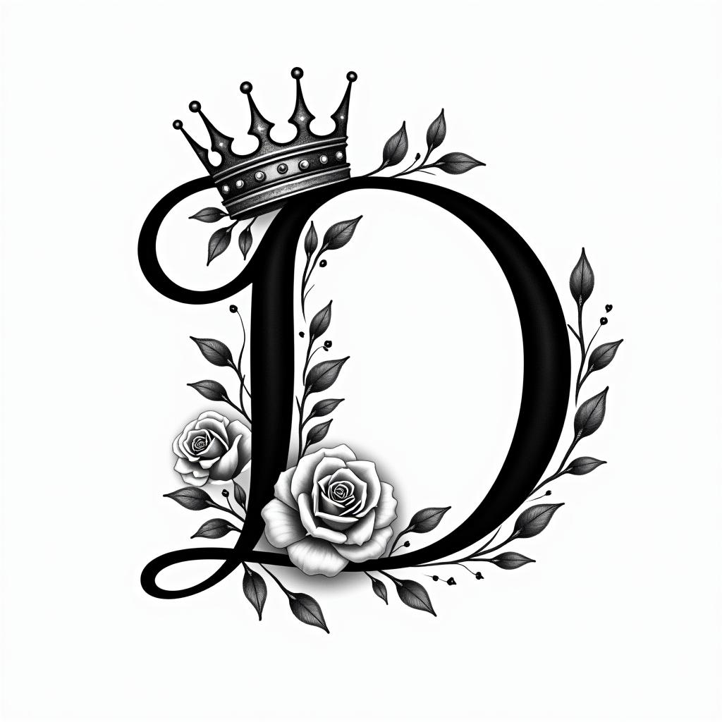 The letter D in fancy cursive with a king crownin elegant cursive calligraphy style 2d tattoo, decorate with roses, featuring a smooth and flowing handwritten script with slightly thickened strokes for a luxurious and bold appearance,  heart symbol between names,  sleek and glossy black text with shadowing, minimalist matte white background, clean and sharp edges, illuminated with soft lighting, romantic, 8k, high-quality textures with refined typography - Variation 6