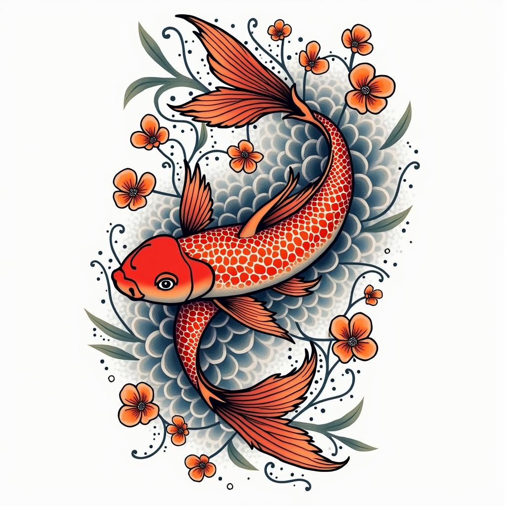 Japanese tattoo style koi fishin pop art style tattoo, featuring bold and vibrant colors, exaggerated outlines, iconic imagery, inspired by comic books and speech bubbles, comic book characters, retro pop culture - Variation 2