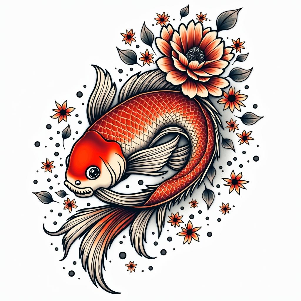 Japanese tattoo style koi fishin pop art style tattoo, featuring bold and vibrant colors, exaggerated outlines, iconic imagery, inspired by comic books and speech bubbles, comic book characters, retro pop culture