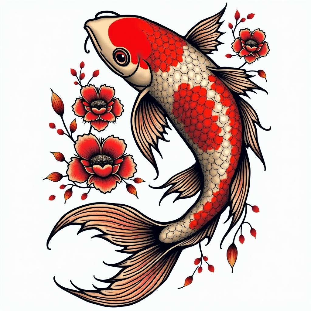 Japanese tattoo style koi fishin pop art style tattoo, featuring bold and vibrant colors, exaggerated outlines, iconic imagery, inspired by comic books and speech bubbles, comic book characters, retro pop culture - Variation 4