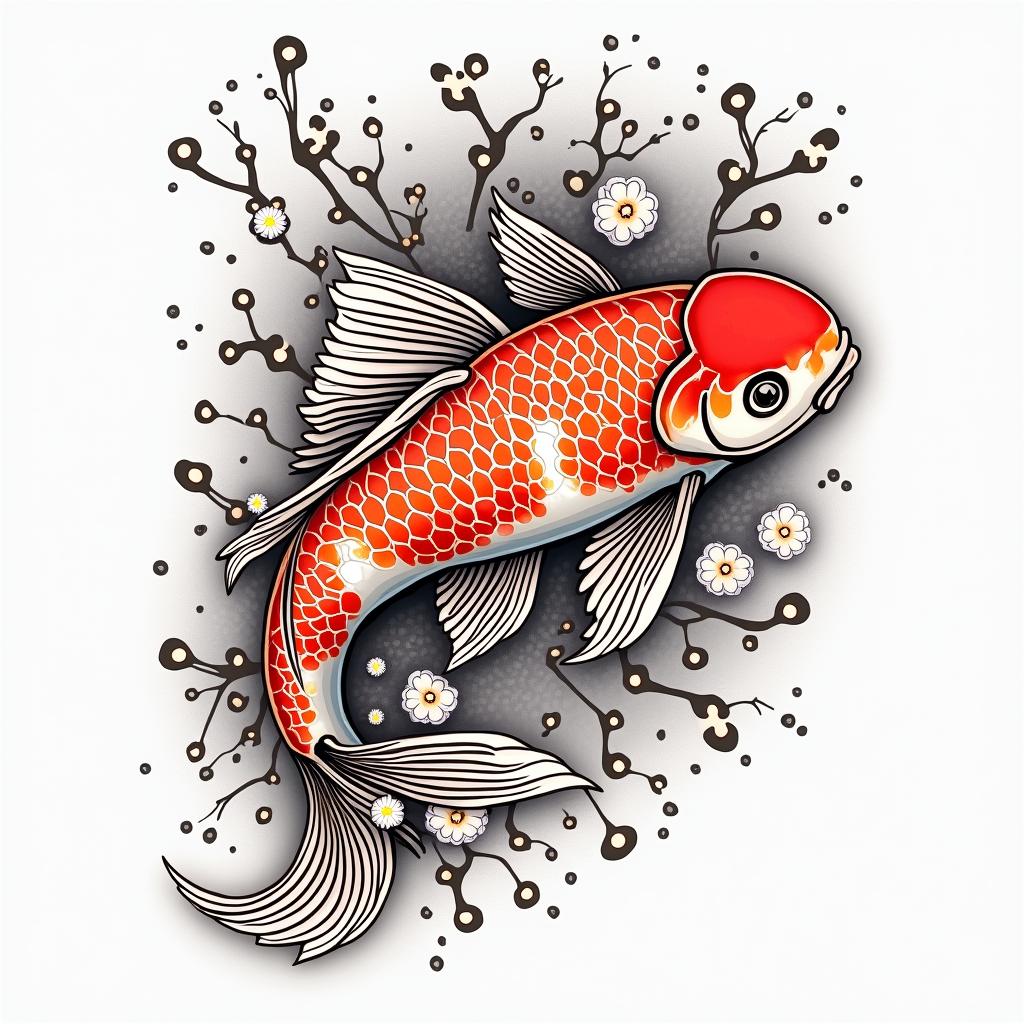 Japanese tattoo style koi fishin pop art style tattoo, featuring bold and vibrant colors, exaggerated outlines, iconic imagery, inspired by comic books and speech bubbles, comic book characters, retro pop culture - Variation 3