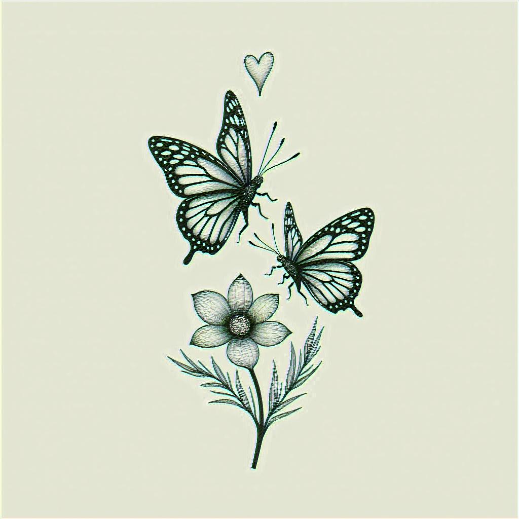 Butterflies with daffodilsin Modest style tattoo, featuring soft, delicate line work with simple and meaningful symbols, gentle waves, a heart, evoking a sense of serenity and grace,