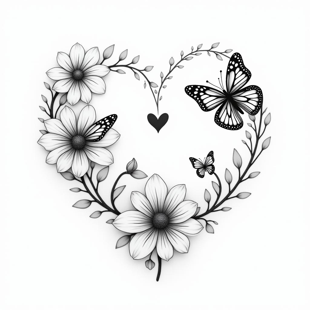 Butterflies with daffodilsin Modest style tattoo, featuring soft, delicate line work with simple and meaningful symbols, gentle waves, a heart, evoking a sense of serenity and grace, - Variation 2