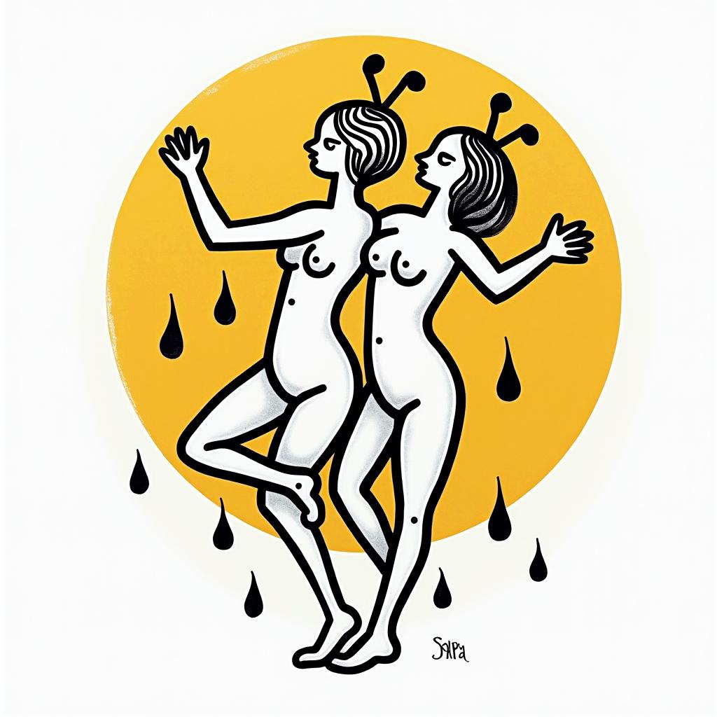 Name SARA with honeybee backgroundabstract dancing figures in Keith Haring style, featuring bold black outlines and solid color fills, figures posed in dynamic and playful dance movements, minimalist design - Variation 3