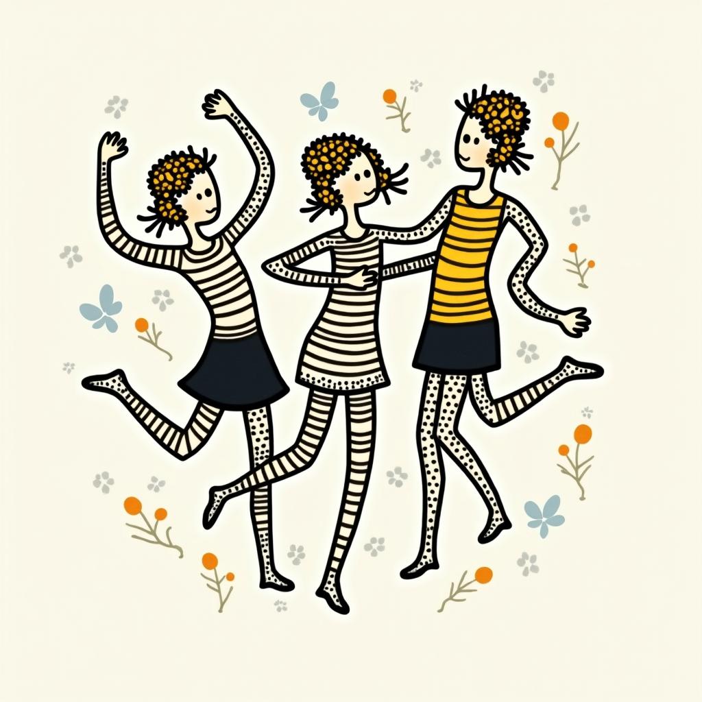 Name SARA with honeybee backgroundabstract dancing figures in Keith Haring style, featuring bold black outlines and solid color fills, figures posed in dynamic and playful dance movements, minimalist design - Variation 4