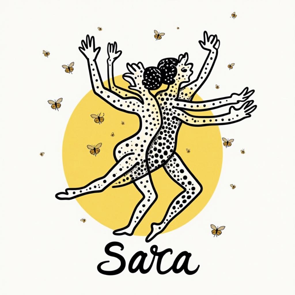 Name SARA with honeybee backgroundabstract dancing figures in Keith Haring style, featuring bold black outlines and solid color fills, figures posed in dynamic and playful dance movements, minimalist design - Variation 2