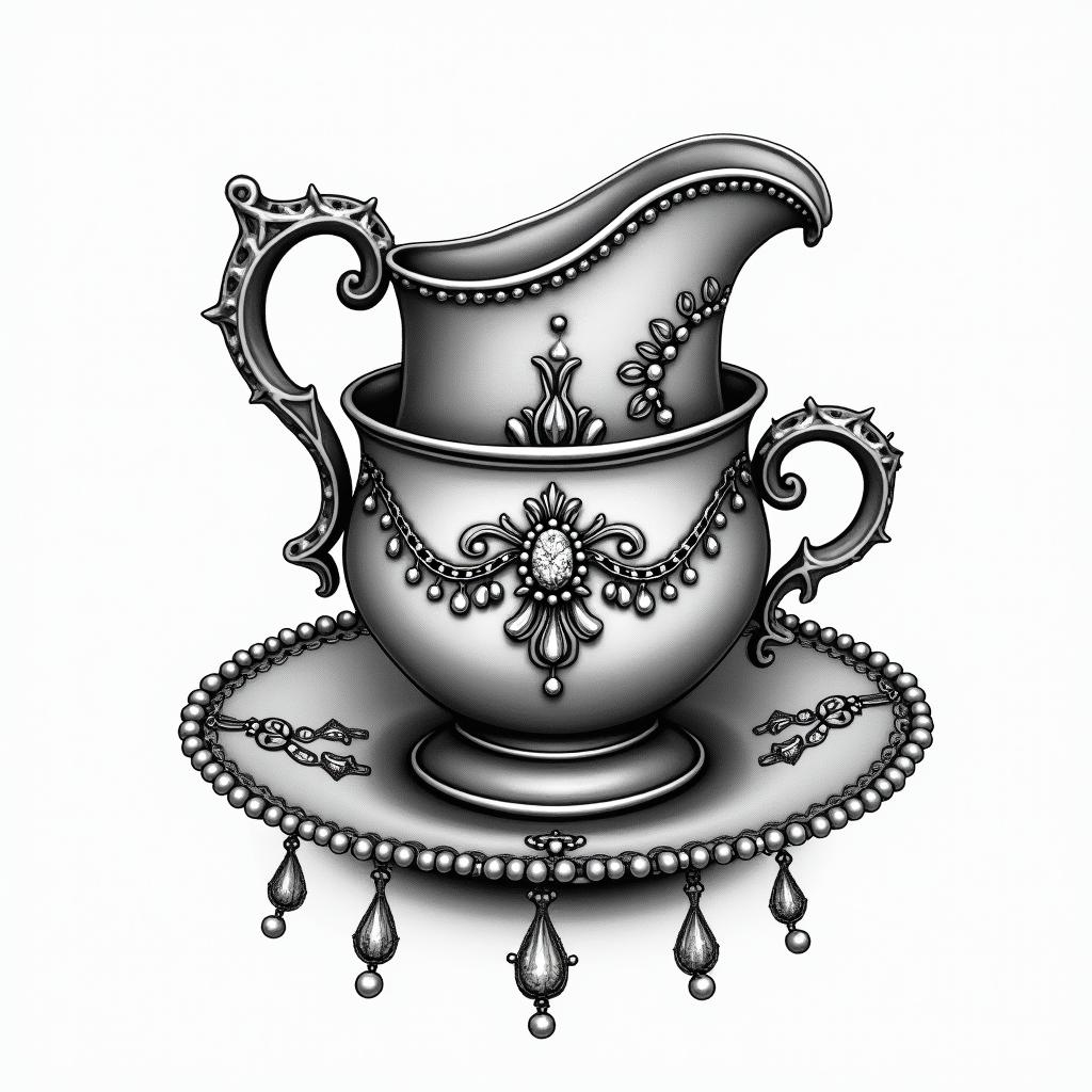 Teacup from the Victorian Renaissance era, heavily draped and adorned in pearls and chains with inlays of jewels and precious gemstones.in bohemian style tattoo, 8k - Variation 3