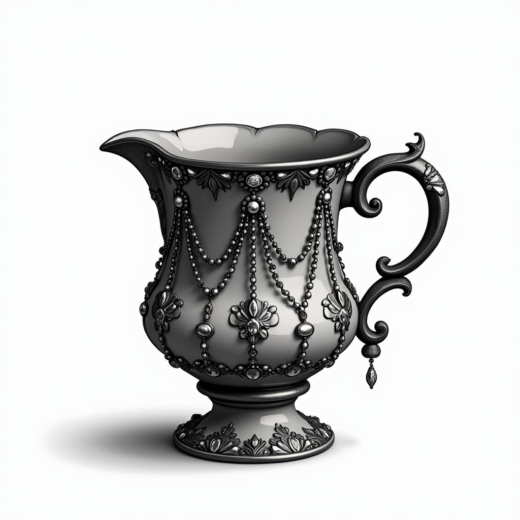 Teacup from the Victorian Renaissance era, heavily draped and adorned in pearls and chains with inlays of jewels and precious gemstones.in bohemian style tattoo, 8k