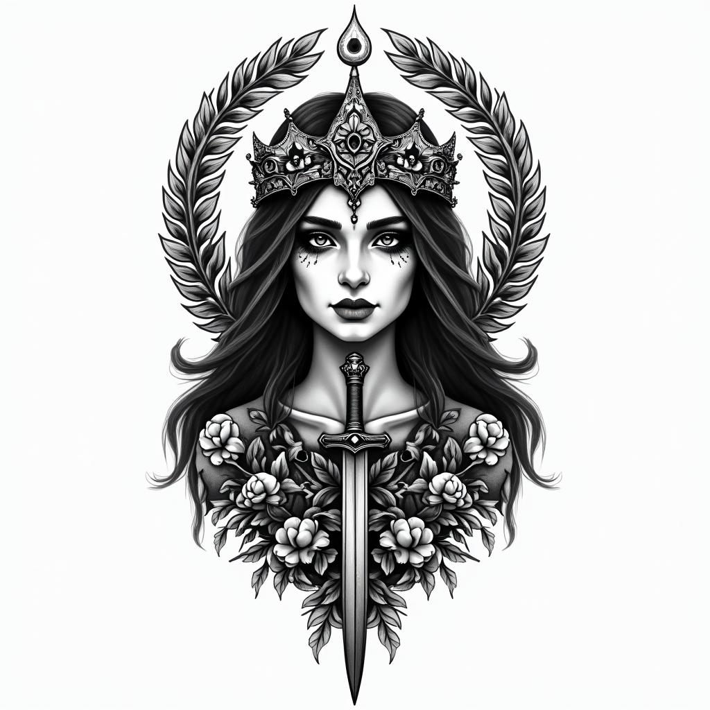 Maria Padilha of the souls, fork, daggerin bohemian style tattoo, 8k - Variation 4