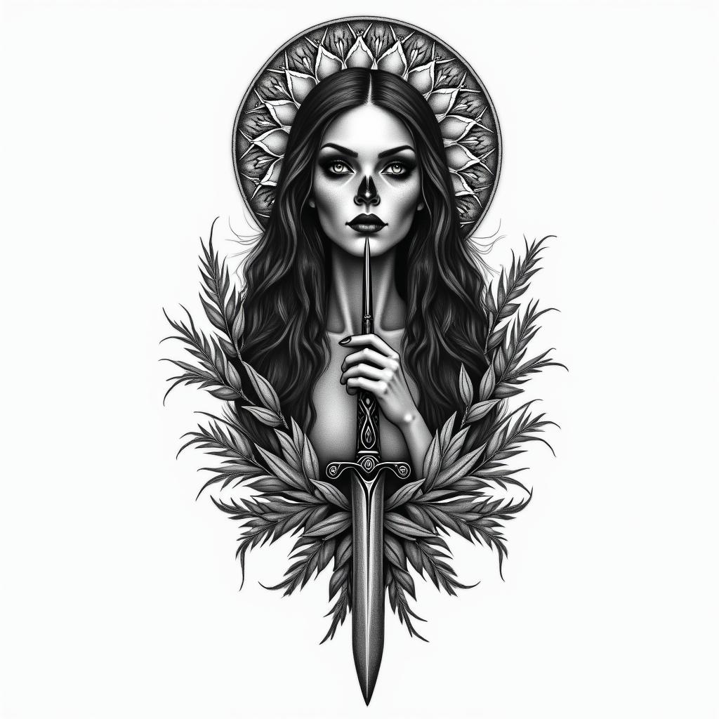 Maria Padilha of the souls, fork, daggerin bohemian style tattoo, 8k - Variation 3