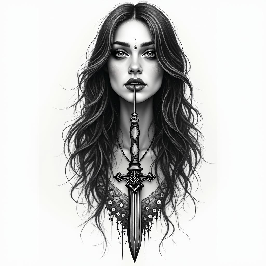 Maria Padilha of the souls, fork, daggerin bohemian style tattoo, 8k