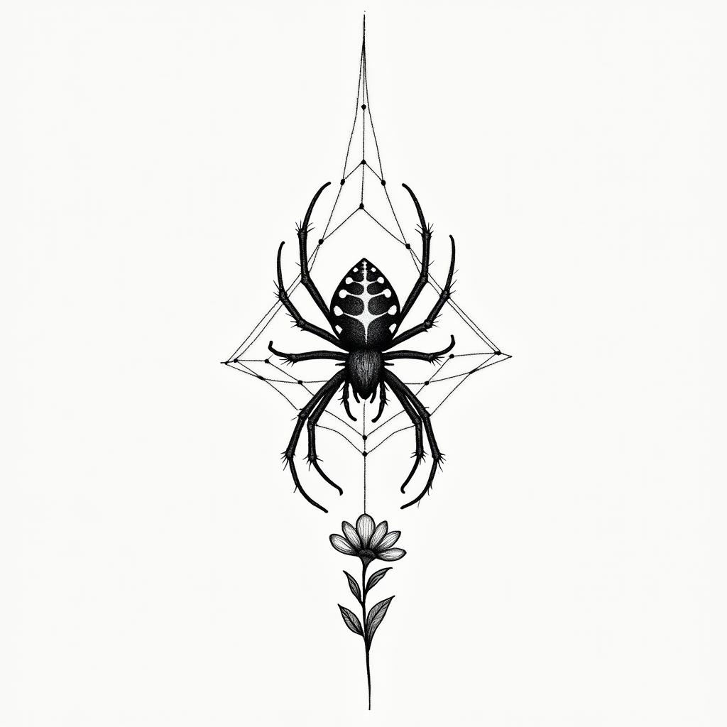 Small spider on web with flowers with stemin minimalist style tattoo, featuring simple shapes and fine lines, with minimal shading and details, tiny triangles, creating a sense of balance and harmony - Variation 7