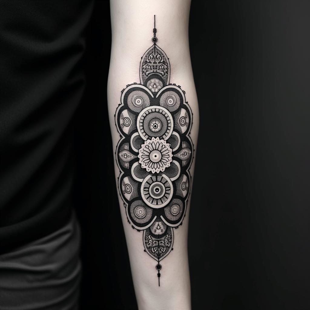 Mechanical gears fused with human anatomy in geometric style tattoo, blending hexagons, mandala-inspired patterns, symmetrical and fractal design, clean lines, sharp angles