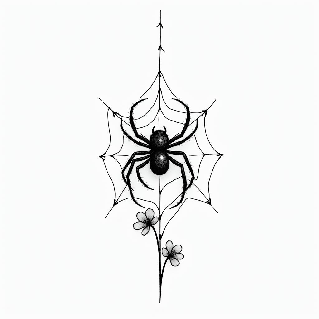 Small spider on web with flowers with stemin minimalist style tattoo, featuring simple shapes and fine lines, with minimal shading and details, tiny triangles, creating a sense of balance and harmony