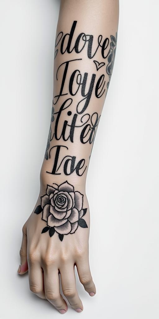24_28_21in elegant cursive calligraphy style 2d tattoo, decorate with roses, featuring a smooth and flowing handwritten script with slightly thickened strokes for a luxurious and bold appearance, heart symbol between names, sleek and glossy black text with shadowing, minimalist matte white background, clean and sharp edges, illuminated with soft lighting, romantic, 8k, high-quality textures with refined typography