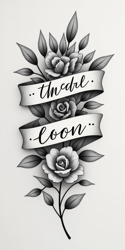 24_28_21in elegant cursive calligraphy style 2d tattoo, decorate with roses, featuring a smooth and flowing handwritten script with slightly thickened strokes for a luxurious and bold appearance, heart symbol between names, sleek and glossy black text with shadowing, minimalist matte white background, clean and sharp edges, illuminated with soft lighting, romantic, 8k, high-quality textures with refined typography - Variation 3