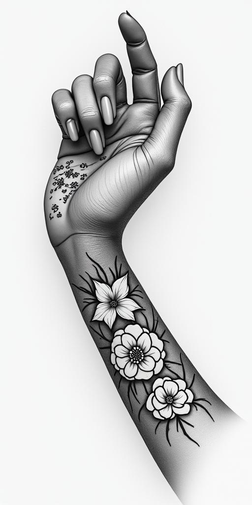 24_28_21in elegant cursive calligraphy style 2d tattoo, decorate with roses, featuring a smooth and flowing handwritten script with slightly thickened strokes for a luxurious and bold appearance, heart symbol between names, sleek and glossy black text with shadowing, minimalist matte white background, clean and sharp edges, illuminated with soft lighting, romantic, 8k, high-quality textures with refined typography - Variation 2