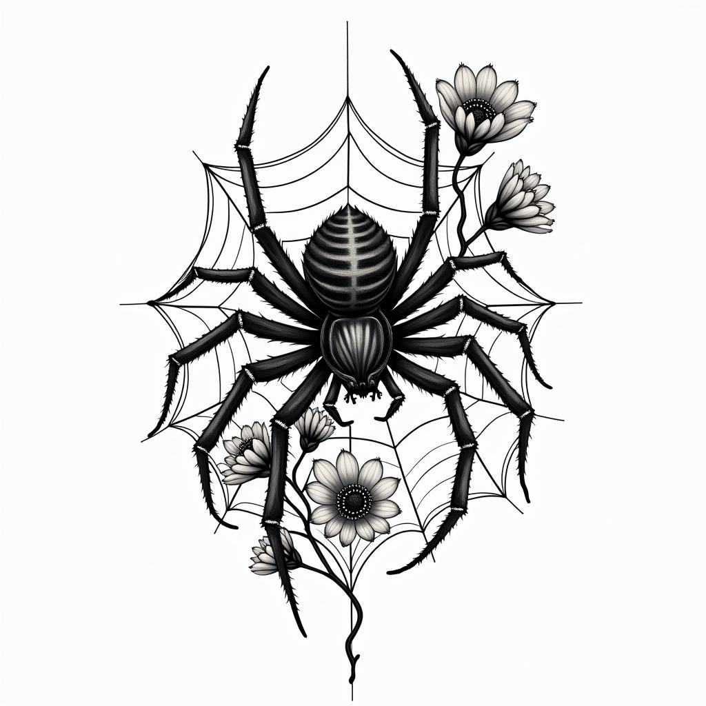 Small spider on web with flowers with stemin authentic tattoo style, incorporating traditional modifications, bold black outlines, solid color fills, featuring classic authentic elements - Variation 12