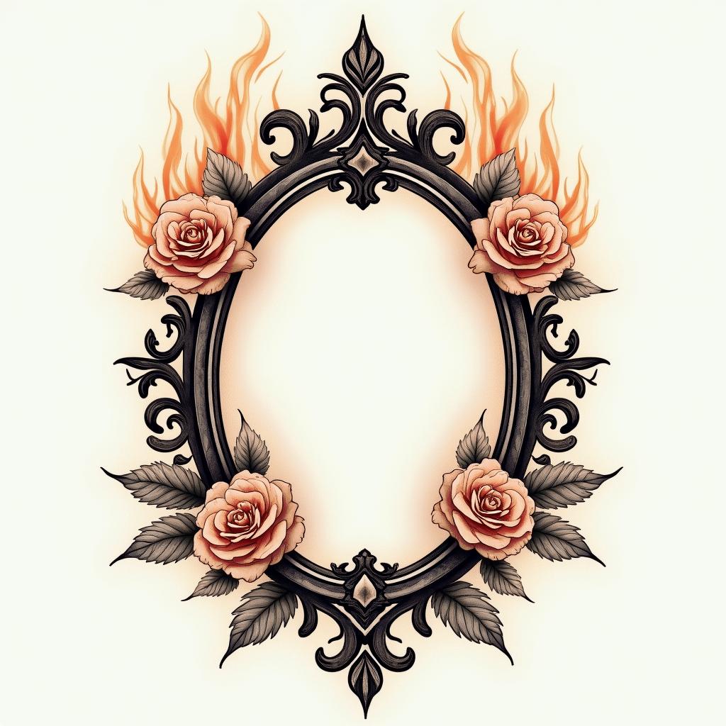 Flame backgroundin victorian style tattoo, featuring vintage and elegant elements, ornate frames, roses, antique, sepia-toned color scheme - Variation 3
